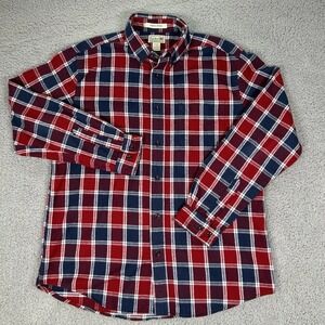 LL Bean Shirt Mens Large Red Blue Plaid Slightly Fitted Flannel Button Up Cotton
